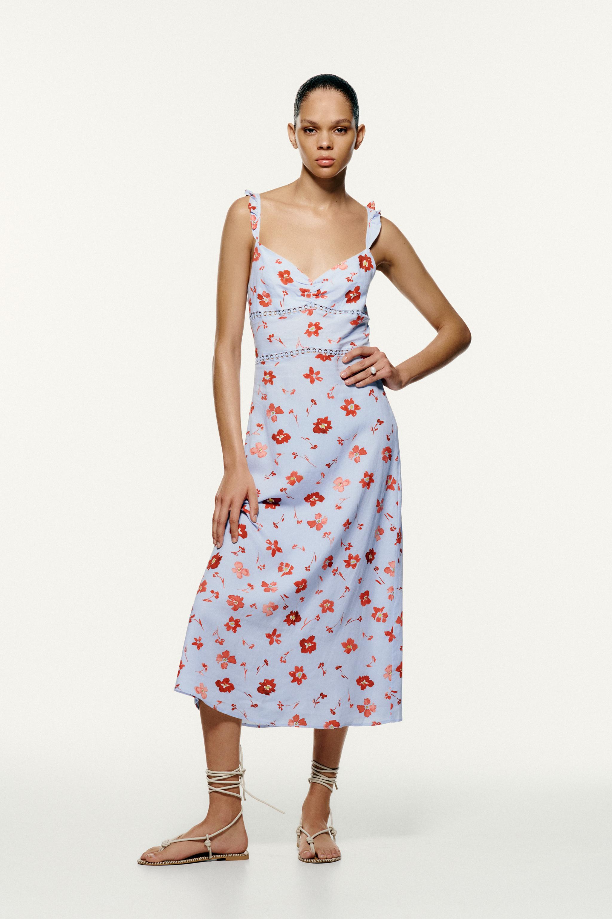 Zara linen blend floral outlet dress